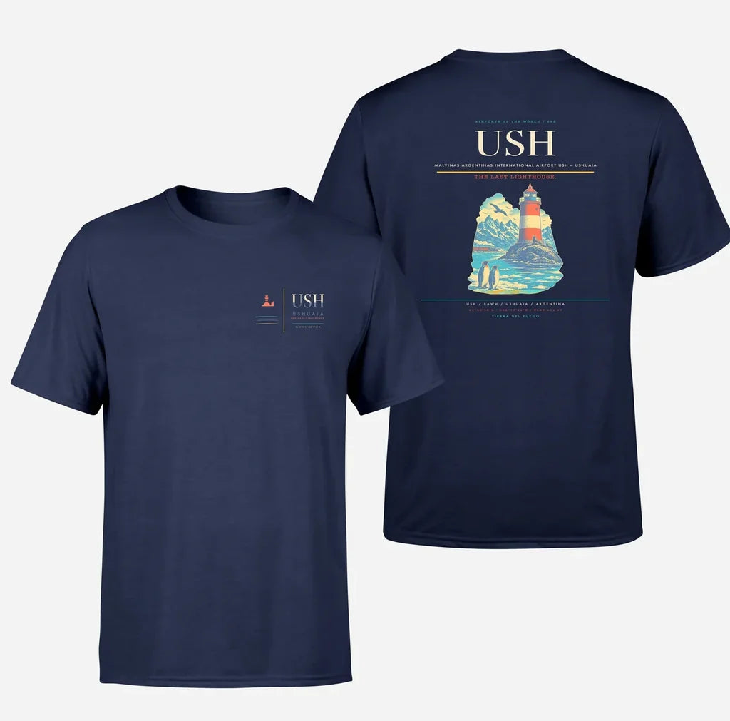 Malvinas Argentinas International Airport (USH) design printed on navy blue double-side t-shirt