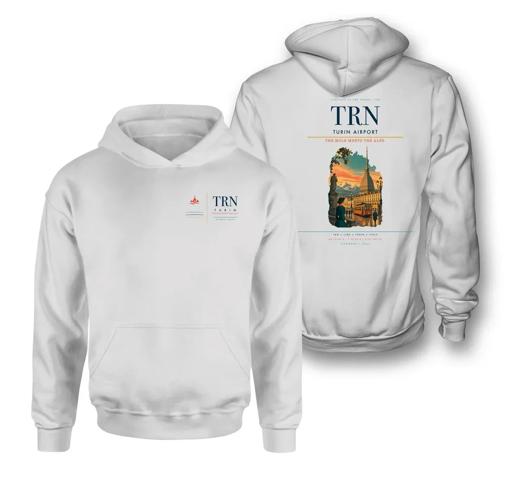 Turin Airport (TRN) design on white double-side hoodie