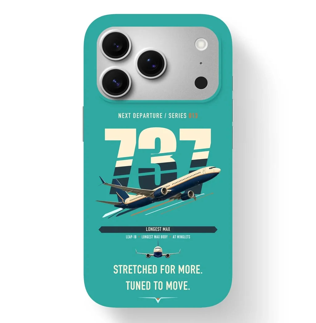 Boeing 737 MAX 10 design on turquoise magsafe iphone case