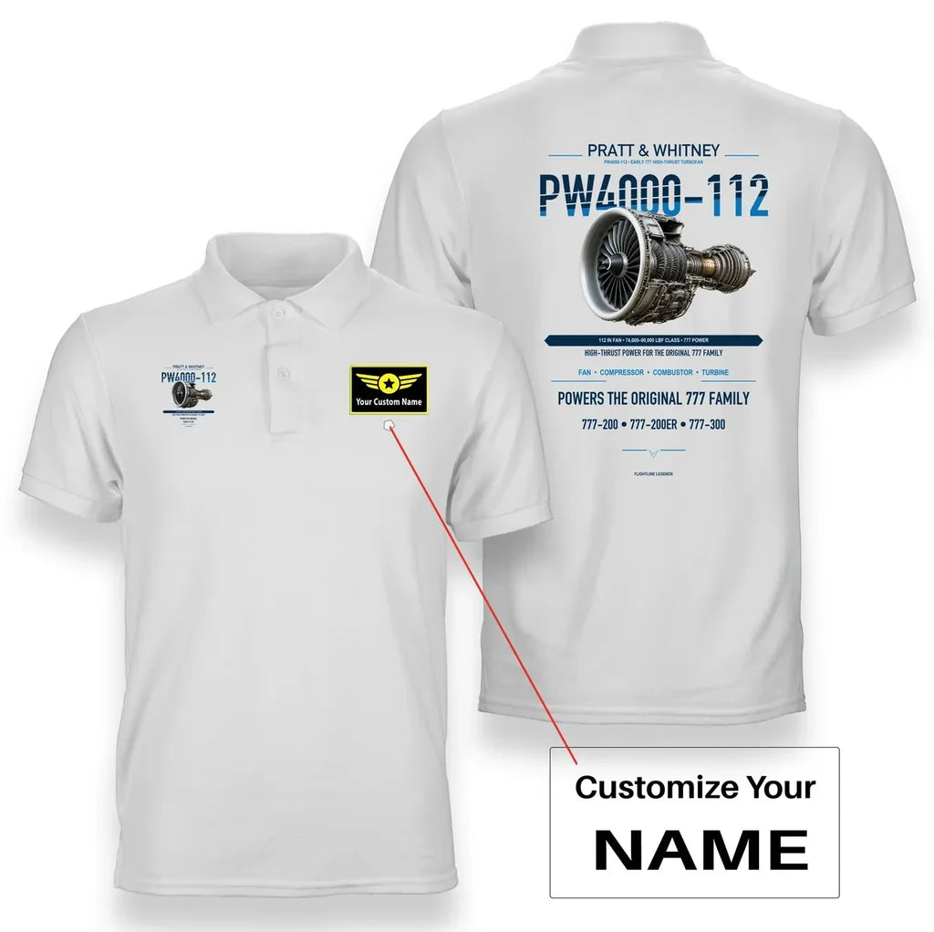 PW4000-112 design on white polo with custom name badge