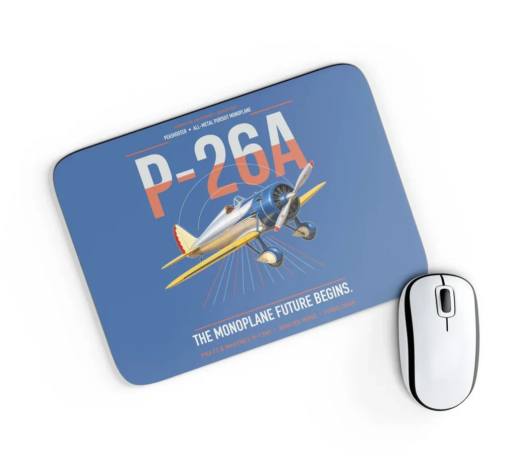 Boeing P-26A Peashooter design on blue rectangle mouse pad