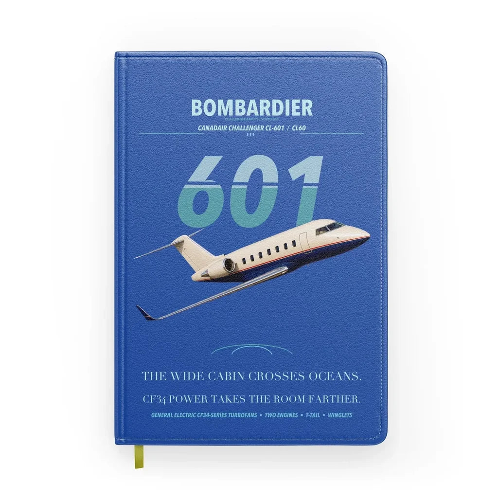 Bombardier Challenger 601 design on blue notebook