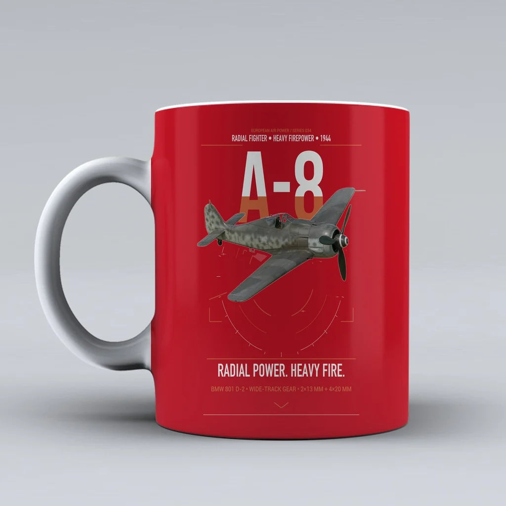 Focke-Wulf Fw 190A-8 design on red ceramic mug, double-side print