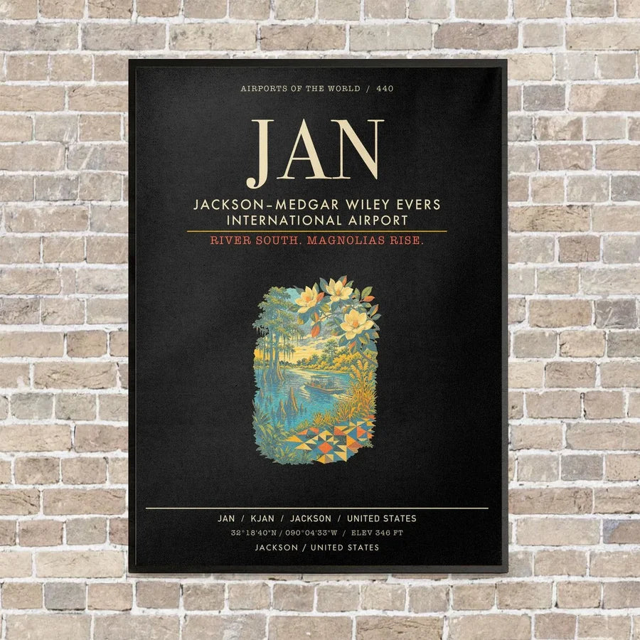 JacksonMedgar Wiley Evers International Airport JAN - Canvas Framed - Black