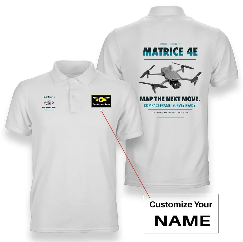 DJI Matrice 4E design on white polo with custom name badge