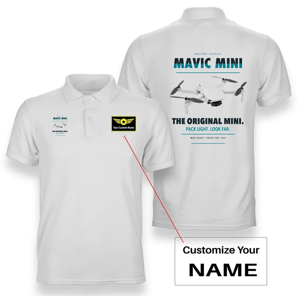 DJI Mavic Mini design on white polo with custom name badge