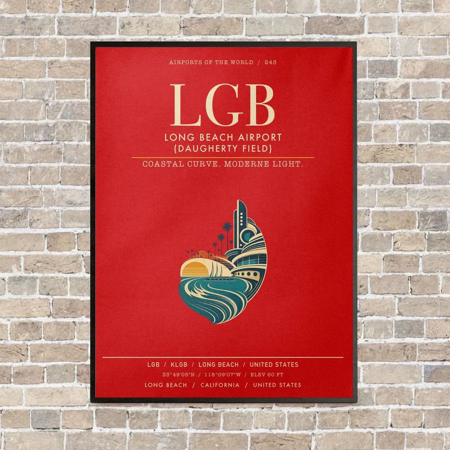 Long Beach Airport (Daugherty Field) LGB vertical canvas print - framed - red background