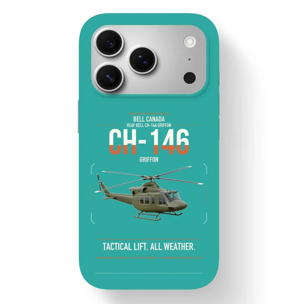Bell Canada CH-146 Griffon design on turquoise magsafe iphone case, for iPhone 17 Pro