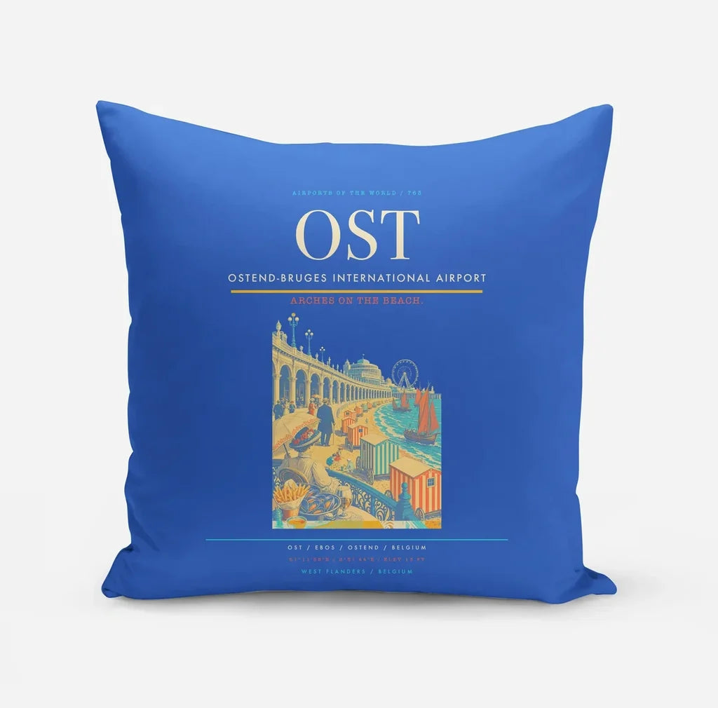 Ostend-Bruges International Airport (OST) design on blue pillow