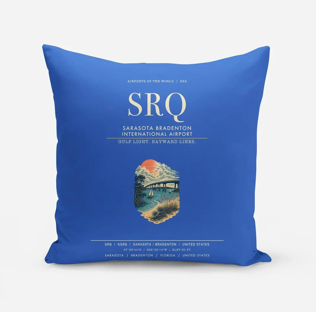 Sarasota Bradenton International Airport (SRQ) design on blue pillow