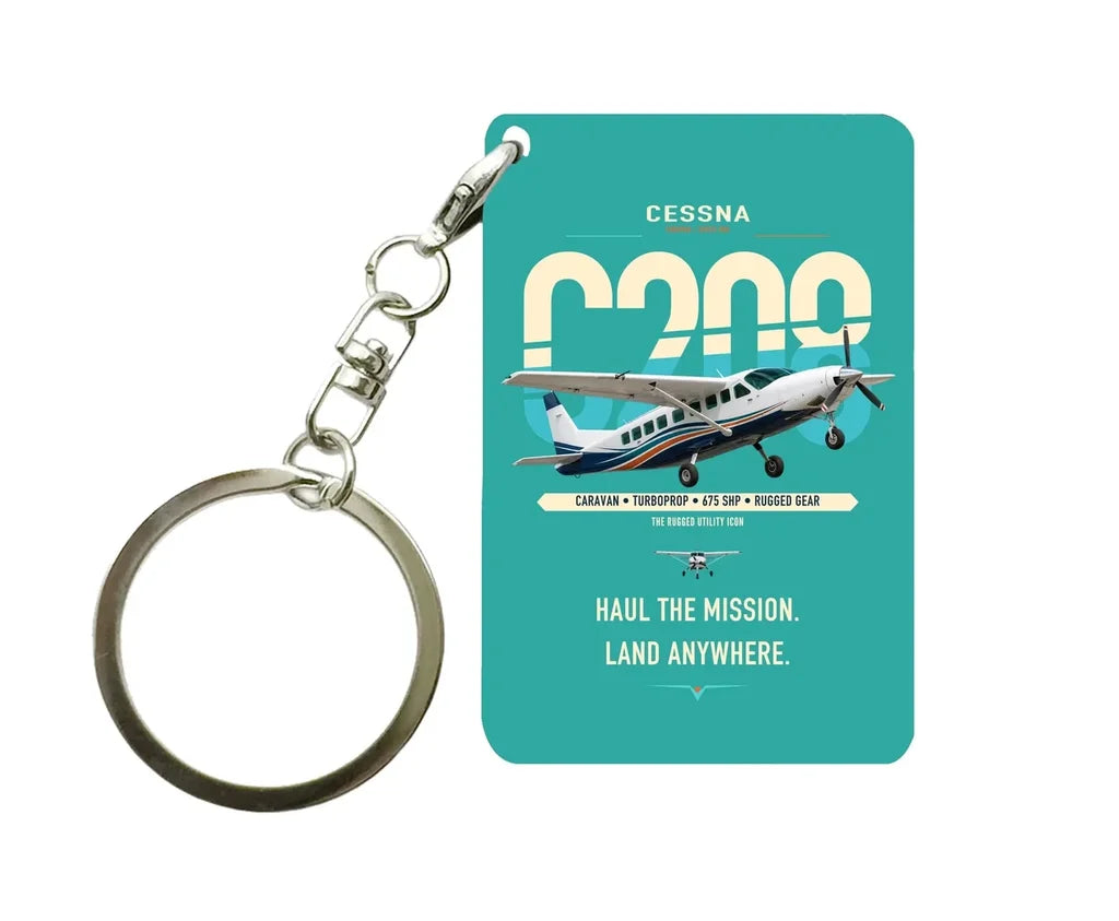 Cessna 208 Caravan design on turquoise designed key chain, double-side print