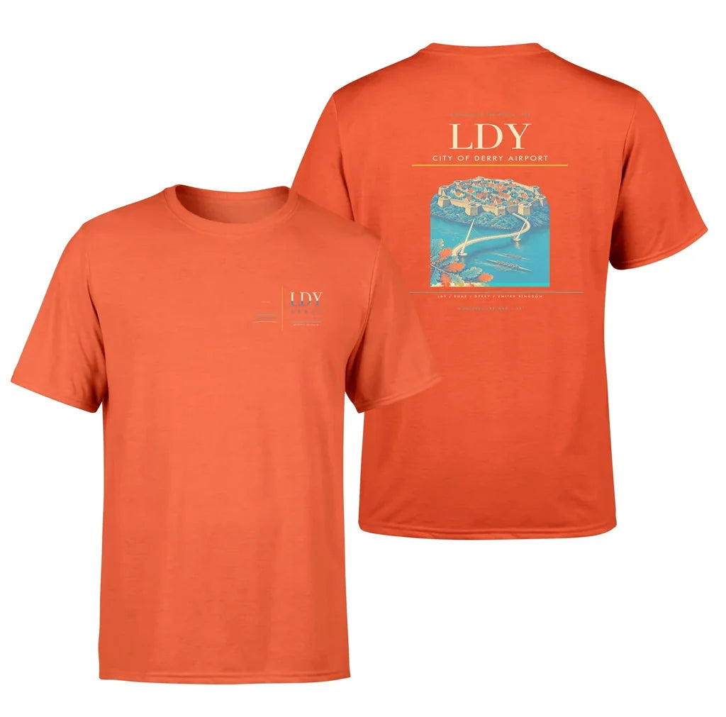 City of Derry Airport (LDY) design printed on orange double-side t-shirt