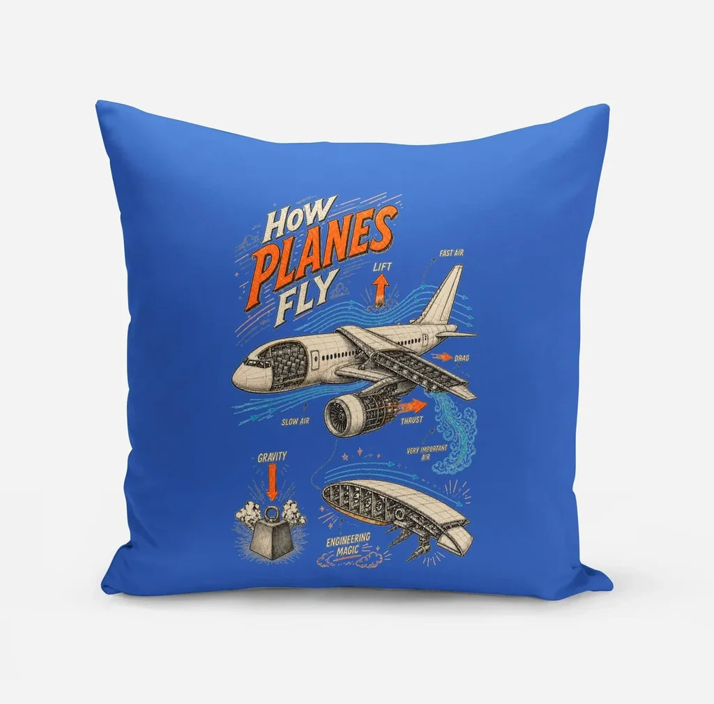 How Planes Fly V2 design on blue pillow