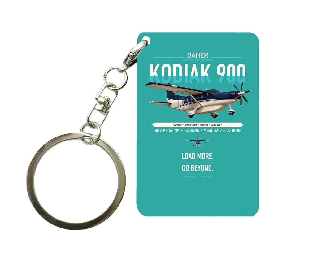 Daher Kodiak 900 design on turquoise designed key chain, double-side print