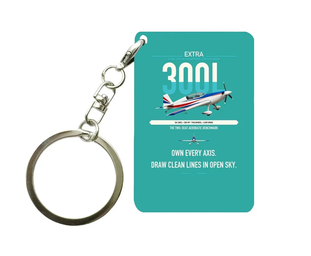 Extra 300L design on turquoise designed key chain, double-side print