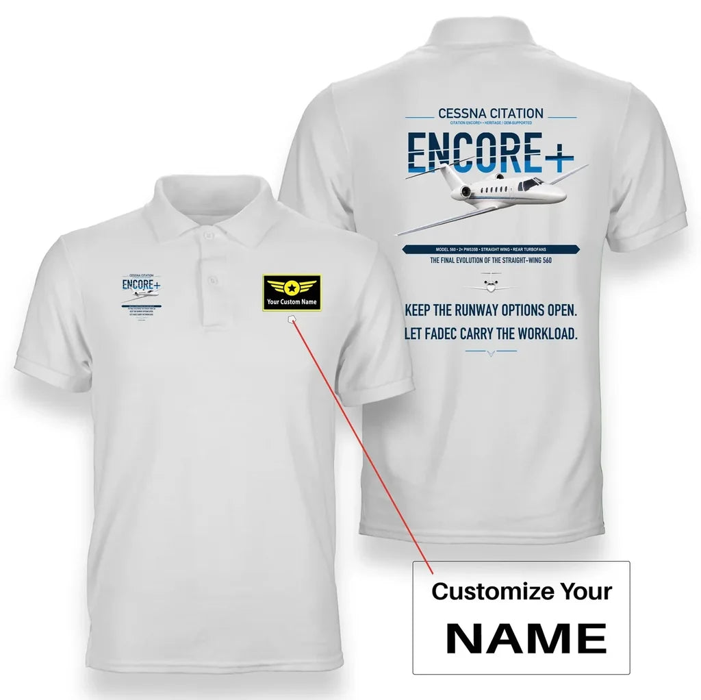Cessna Citation Encore+ design on white+name double-side polo t-shirt, double-side print