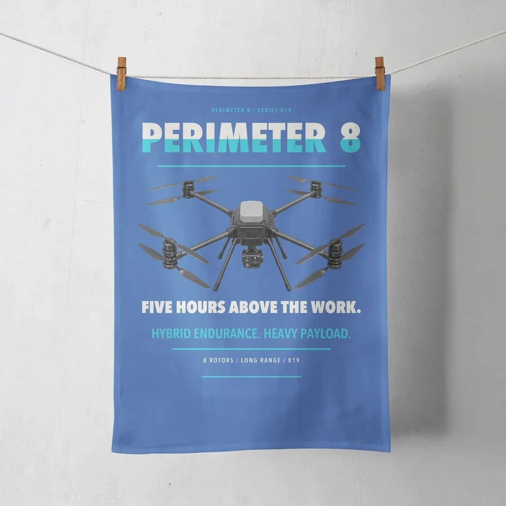 Skyfront Perimeter 8 design on blue towel