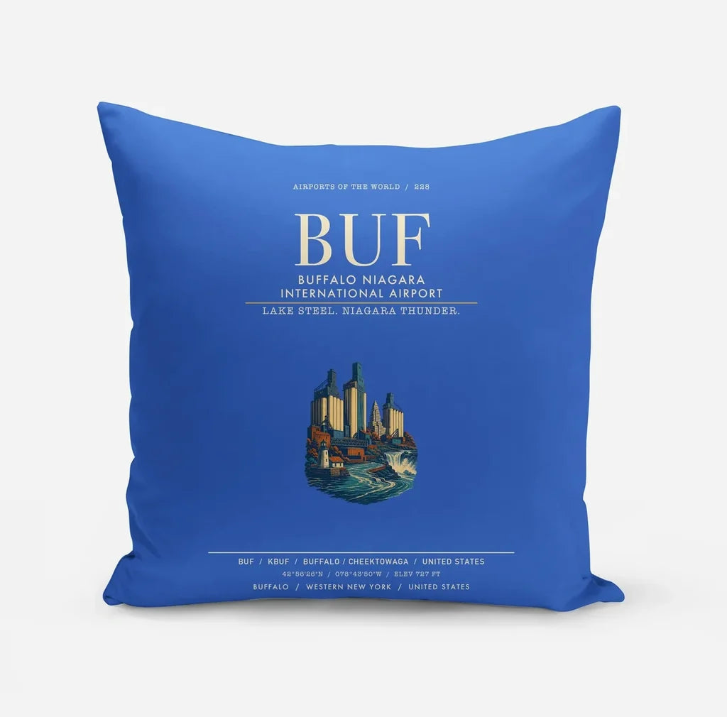 Buffalo Niagara International Airport (BUF) design on blue pillow