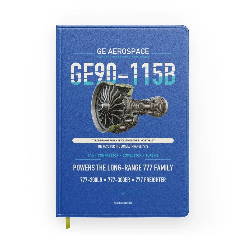GE90-115B design on blue notebook