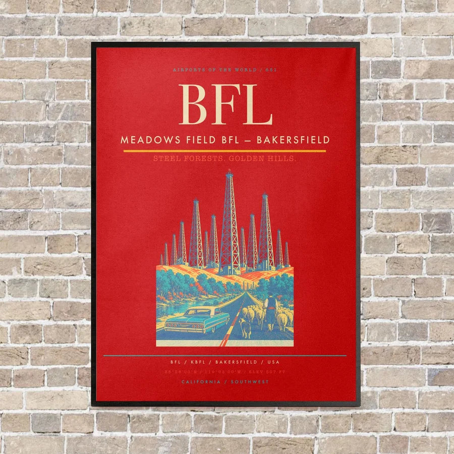 Meadows Field BFL — Bakersfield vertical canvas print - framed - red background