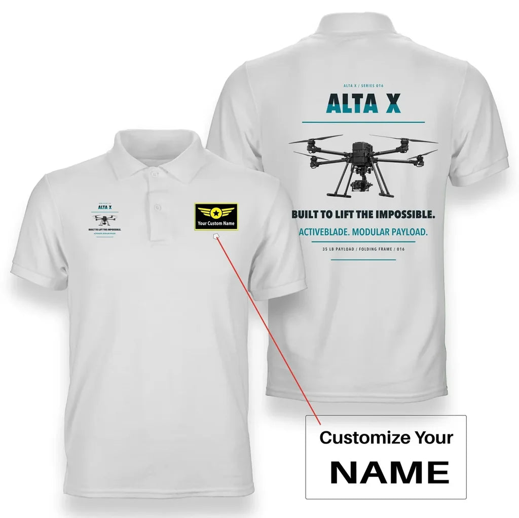 Freefly Alta X design on white polo with custom name badge