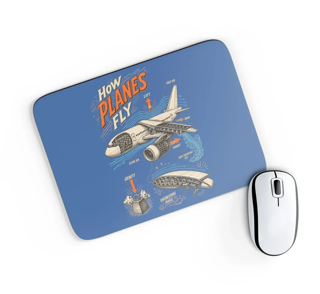 How Planes Fly V2 design on blue rectangle mouse pad
