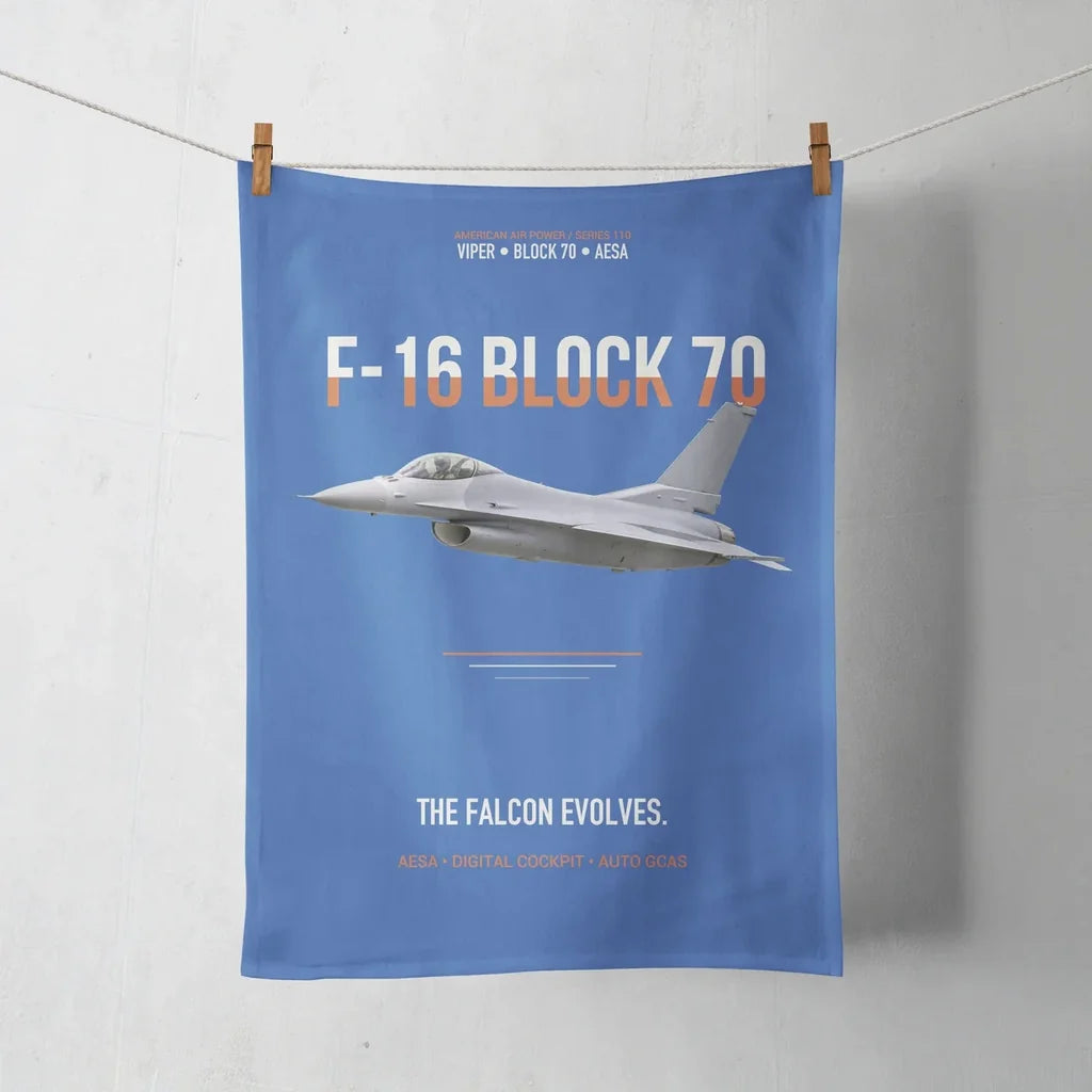 F-16 Block 70 The Falcon Evolves design on blue towel