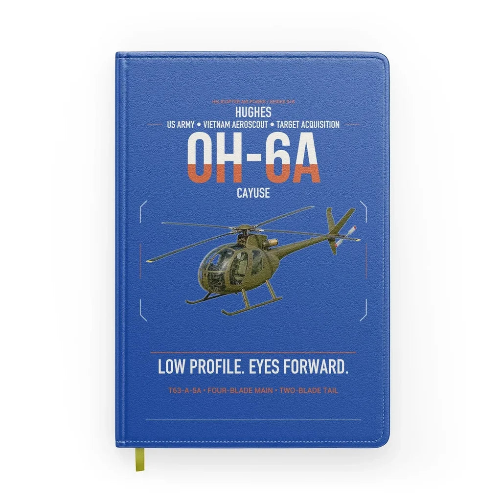 Hughes OH-6A Cayuse design on blue notebook