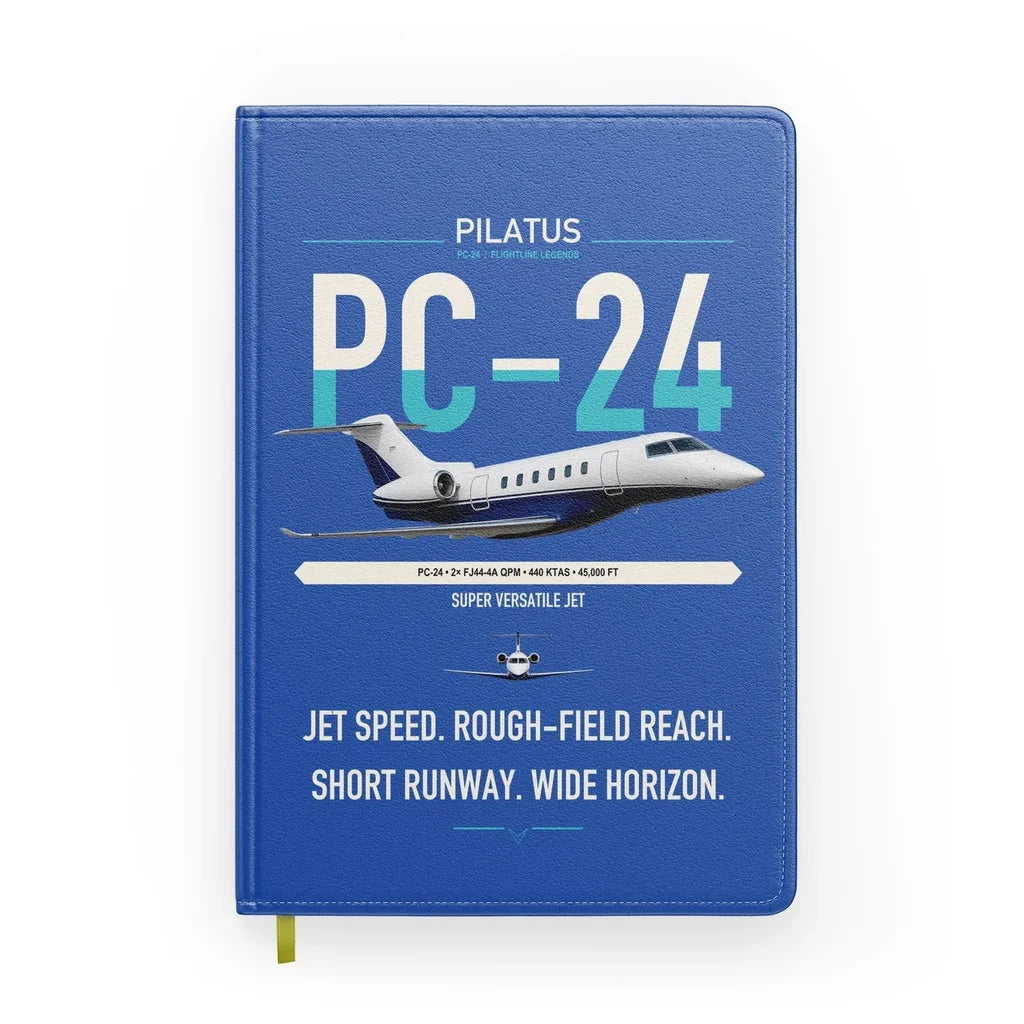 Pilatus PC-24 design on blue notebook