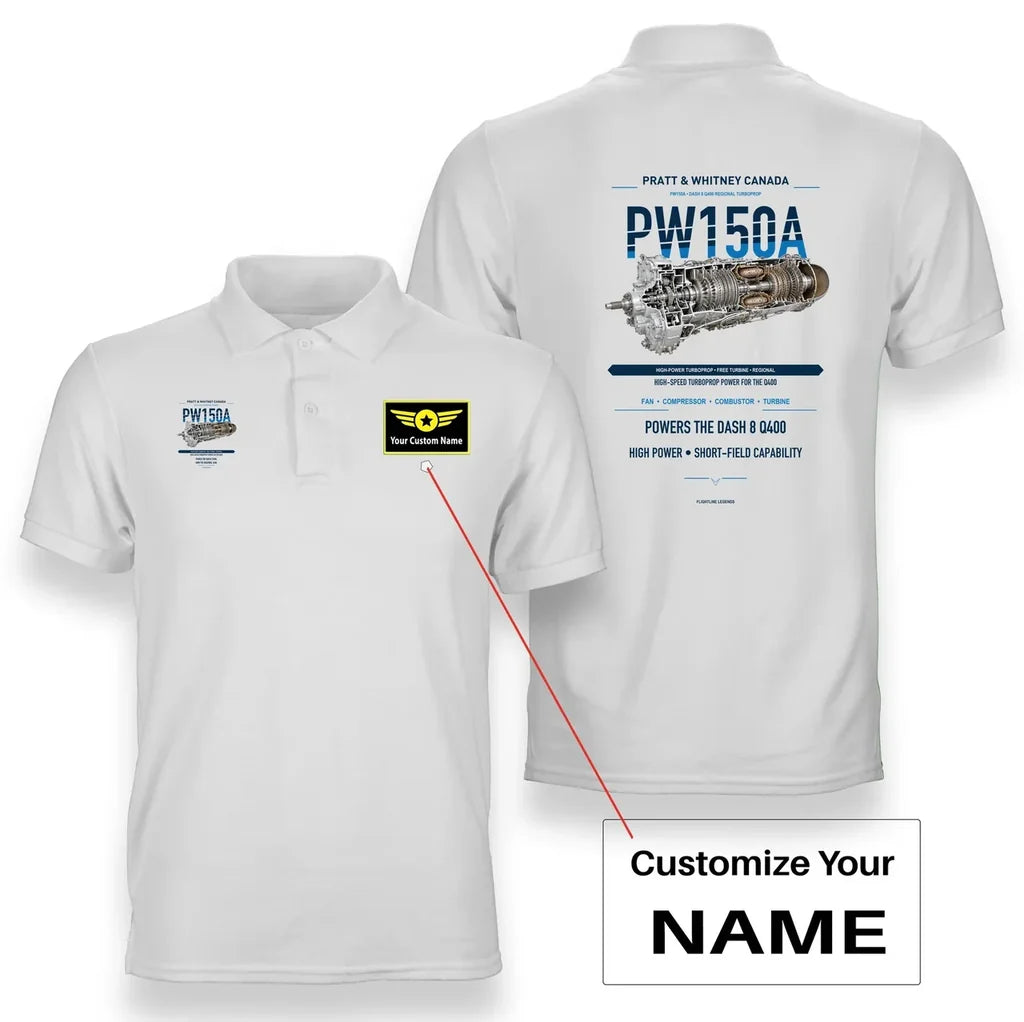 PW150A design on white polo with custom name badge