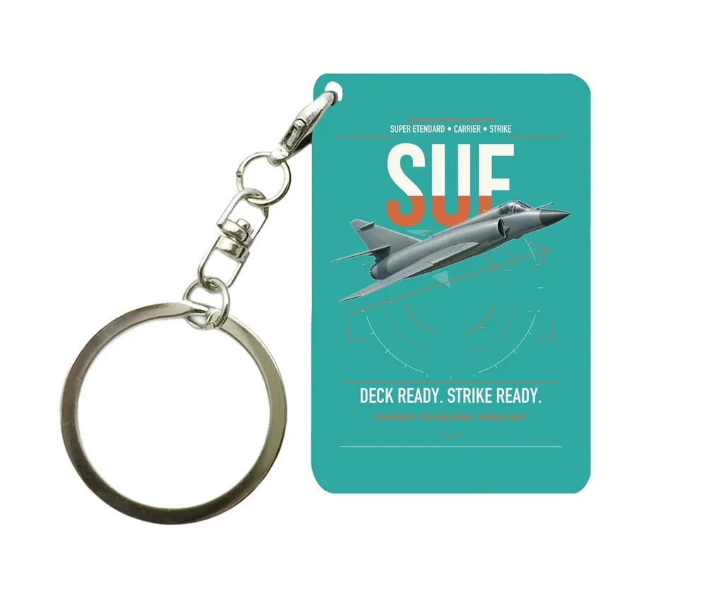 Dassault Super Étendard design on turquoise designed key chain, double-side print