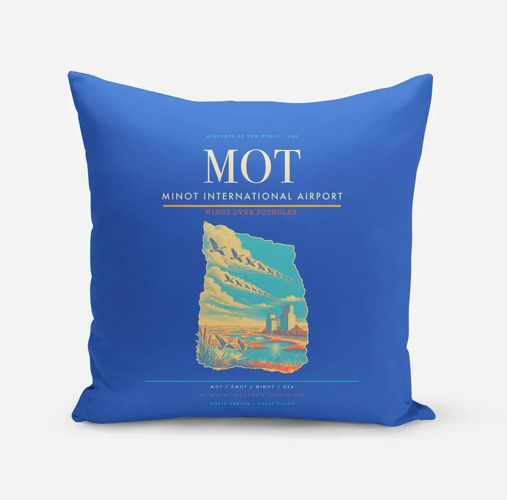 Minot International Airport (MOT) design on blue pillow