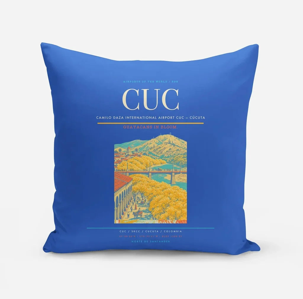 Camilo Daza International Airport (CUC) design on blue pillow