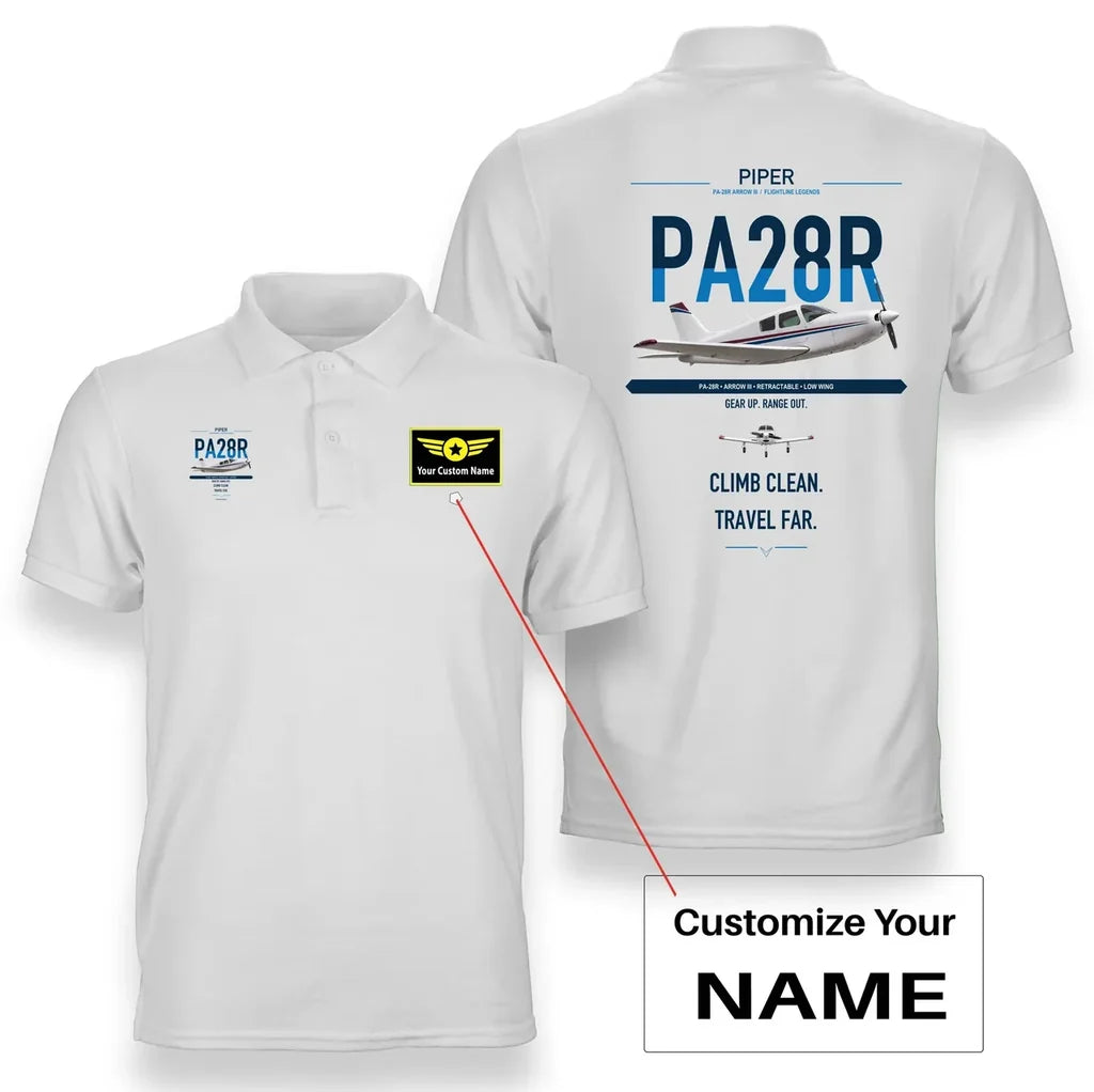 Piper PA-28R Arrow III design on white+name double-side polo t-shirt, double-side print
