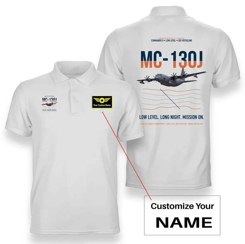 MC-130J COMMANDO II design on white+name double-side polo t-shirt, double-side print