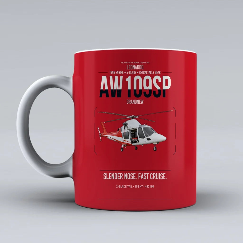 Leonardo AW109SP GrandNew design on red ceramic mug, double-side print