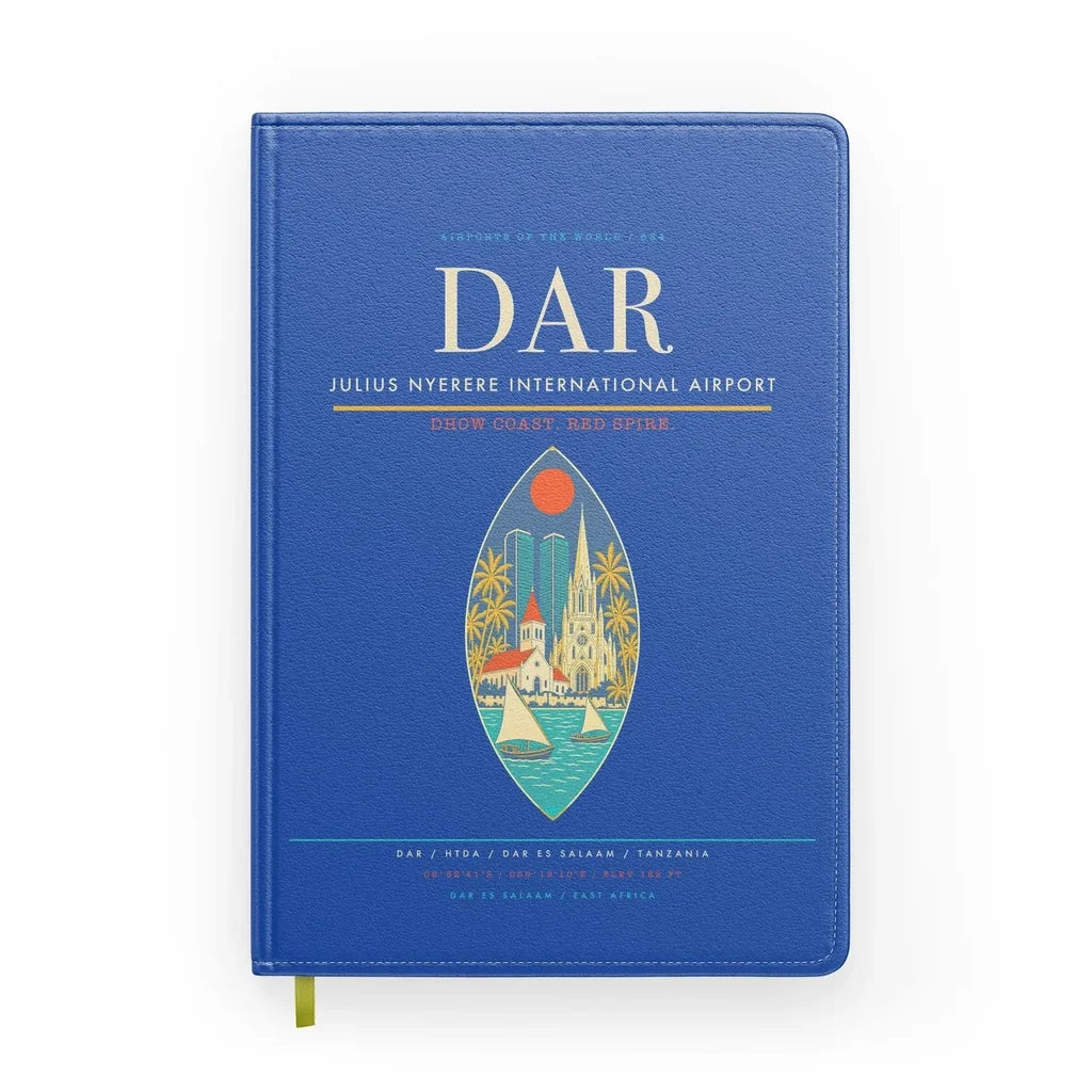 Julius Nyerere International Airport (DAR) design on blue notebook