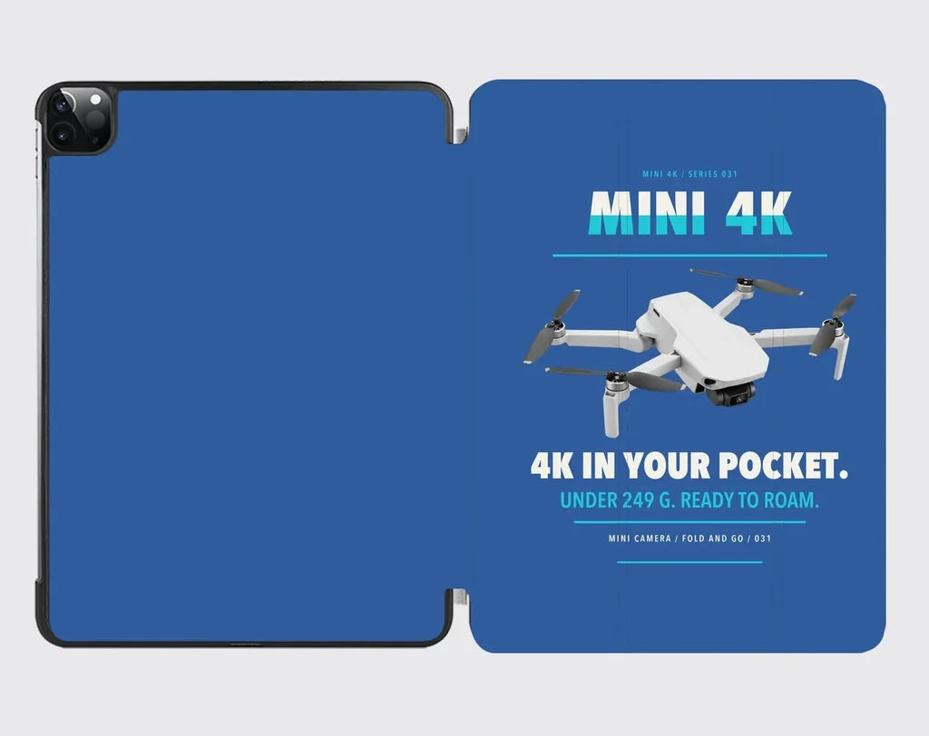 DJI Mini 4K design on blue ipad tablet case