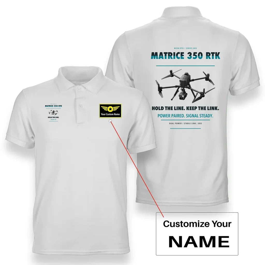 DJI Matrice 350 RTK design on white polo with custom name badge