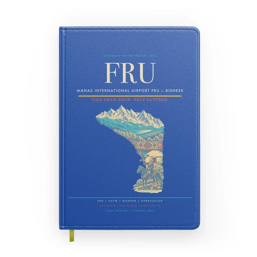 Manas International Airport (FRU) design on blue notebook
