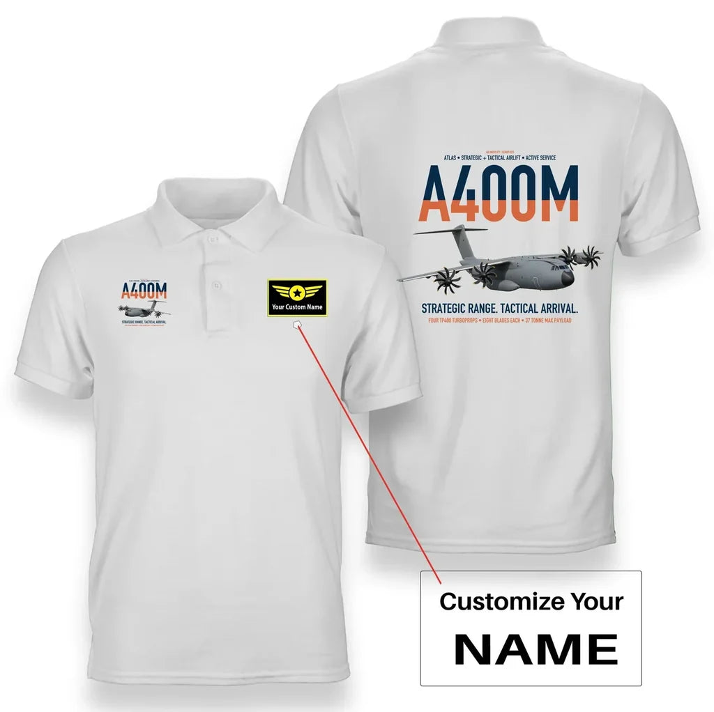 Airbus A400M Atlas design on white+name double-side polo t-shirt, double-side print