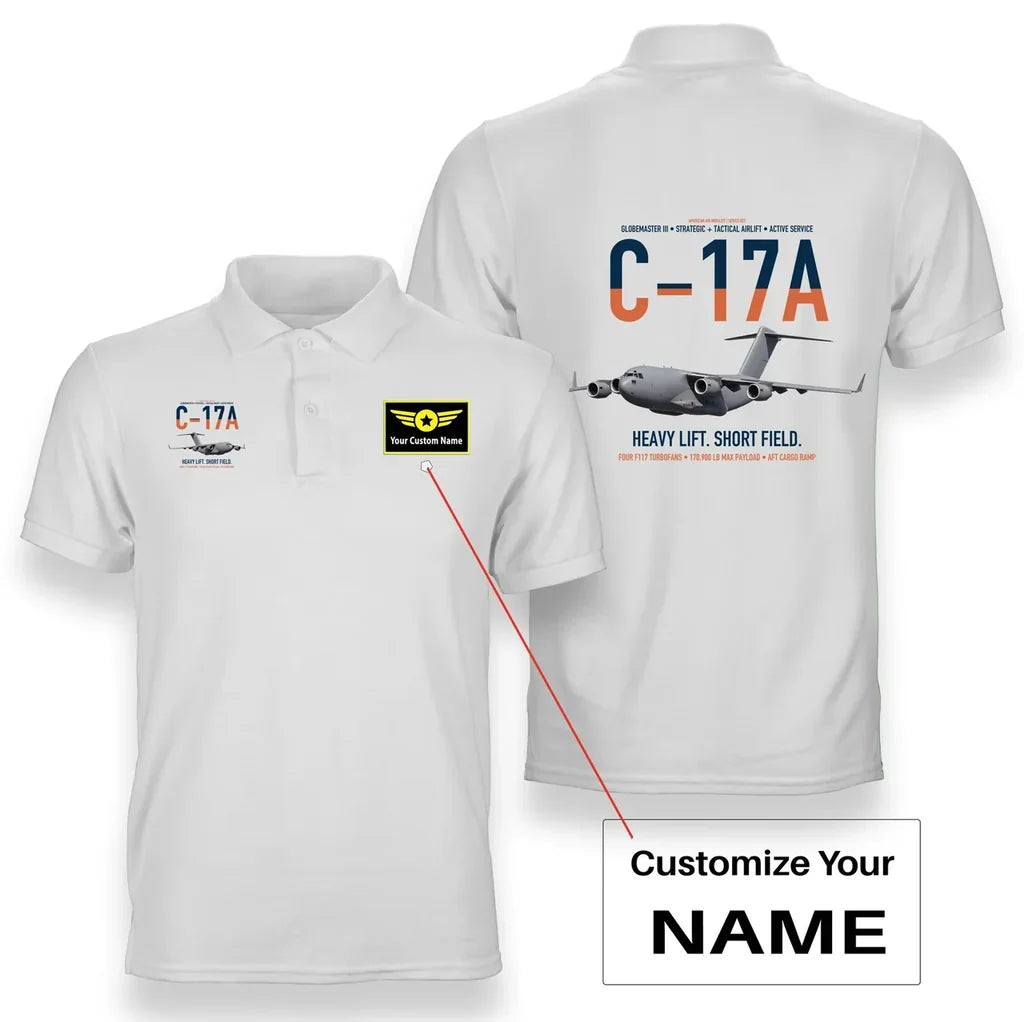 C-17A Globemaster III design on white+name double-side polo t-shirt, double-side print