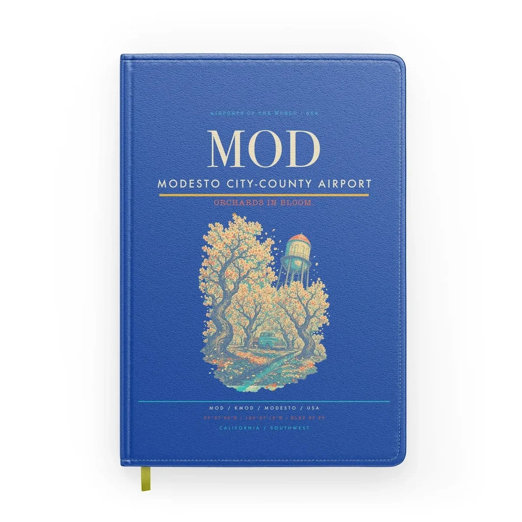 Modesto City-County Airport (MOD) design on blue notebook