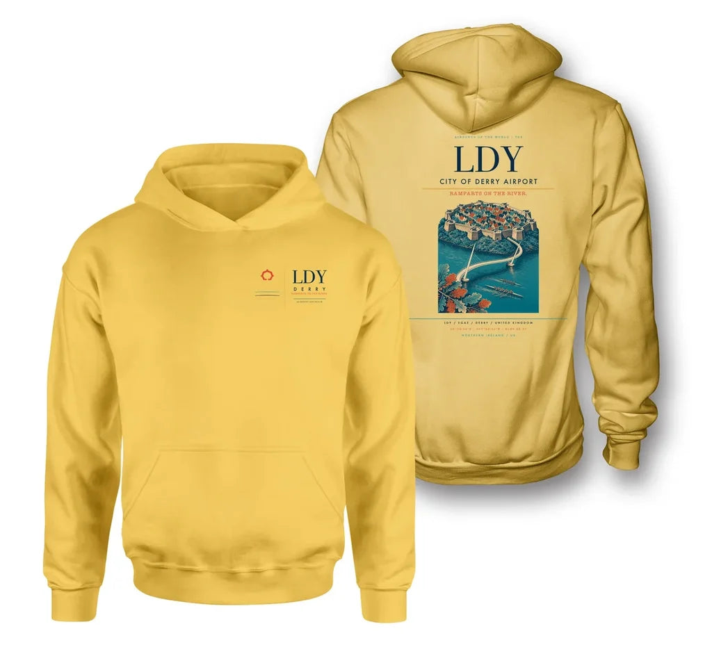 City of Derry Airport (LDY) design on yellow double-side hoodie