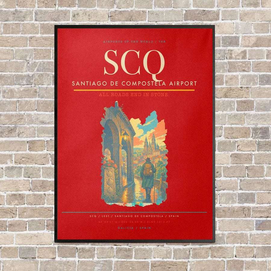 Santiago de Compostela Airport SCQ vertical canvas print - framed - red background
