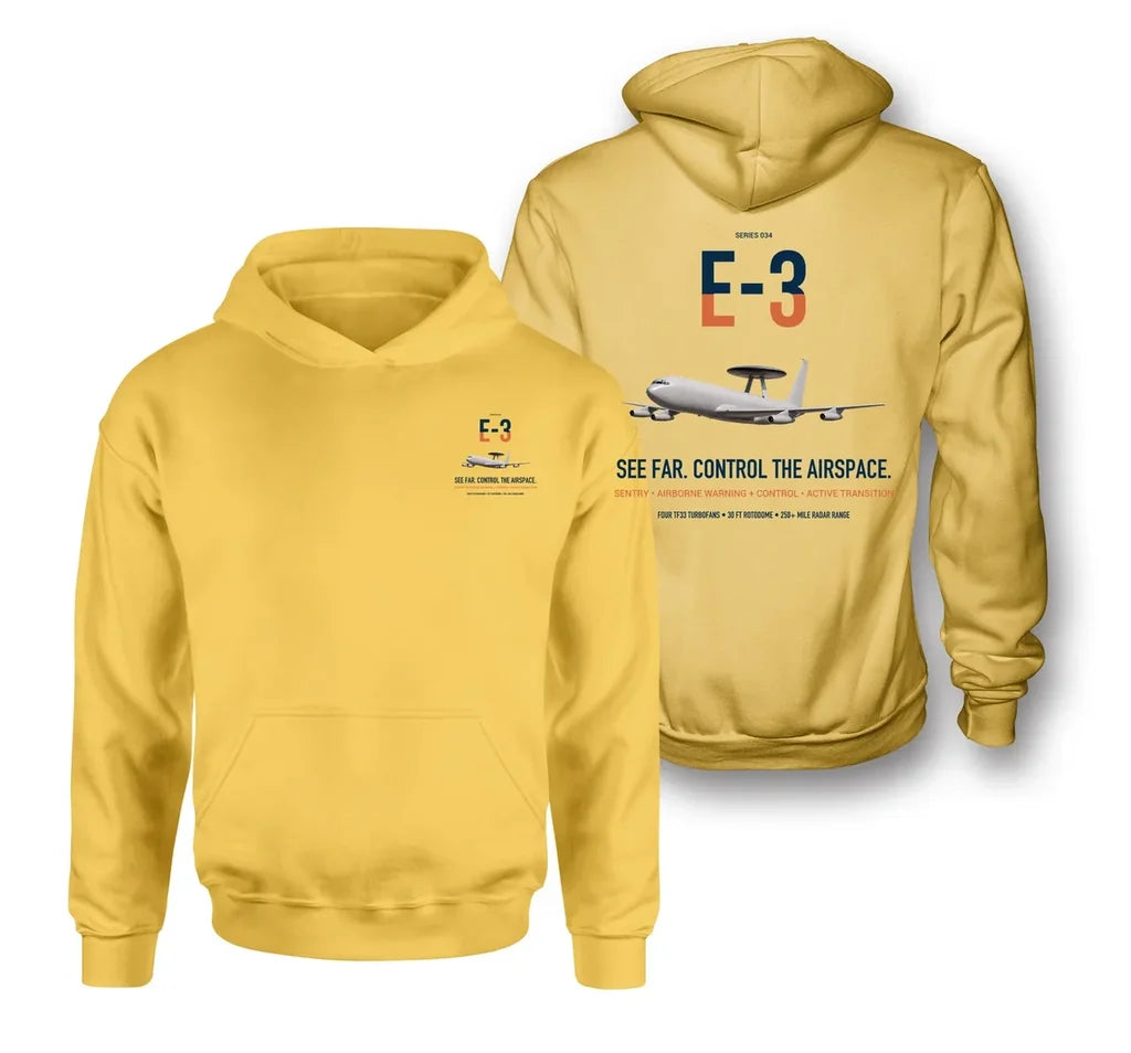 E-3 Sentry AWACS design on yellow double-side hoodie, double-side print