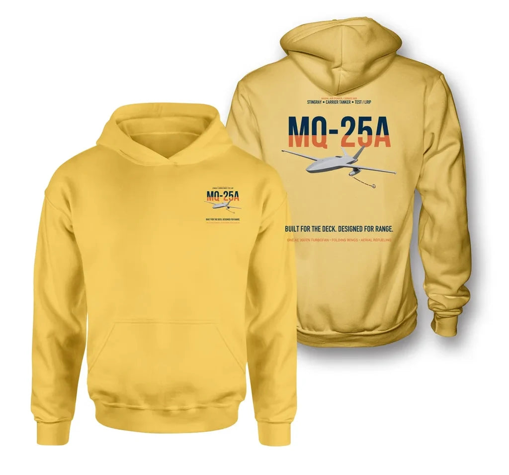 MQ-25A STINGRAY design on yellow double-side hoodie, double-side print