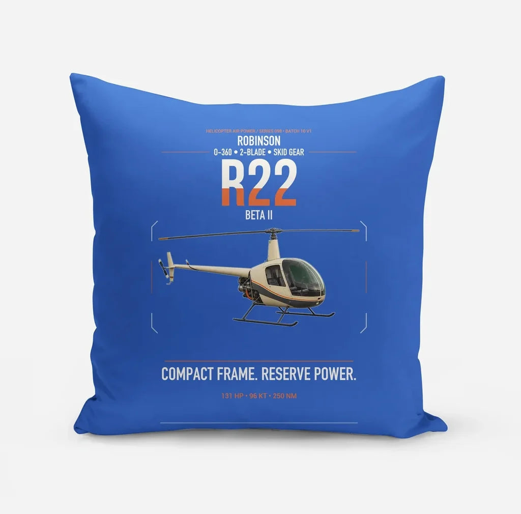 Robinson R22 Beta II design on blue pillow