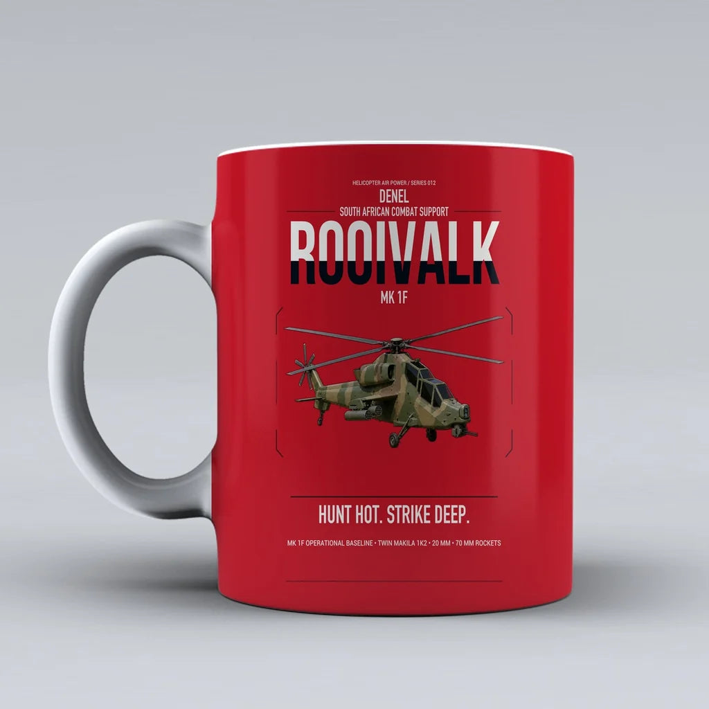 Denel Rooivalk Mk 1F design on red ceramic mug, double-side print