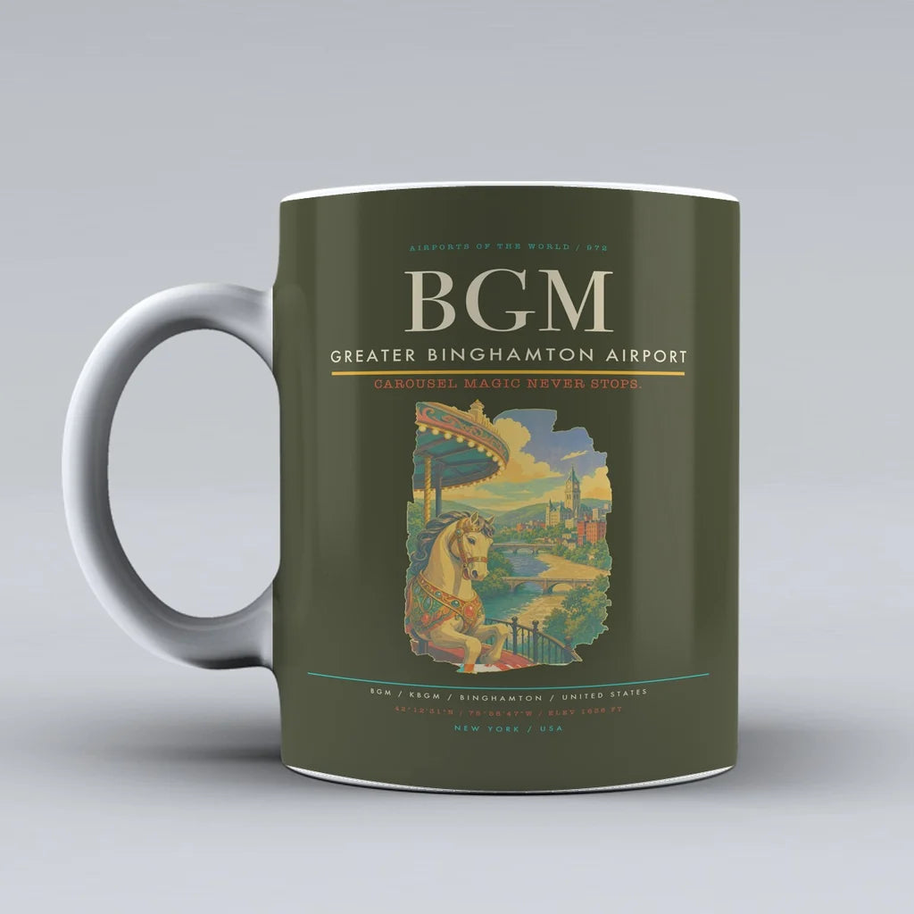 Greater Binghamton Airport (BGM) airport code design on green army ceramic mug